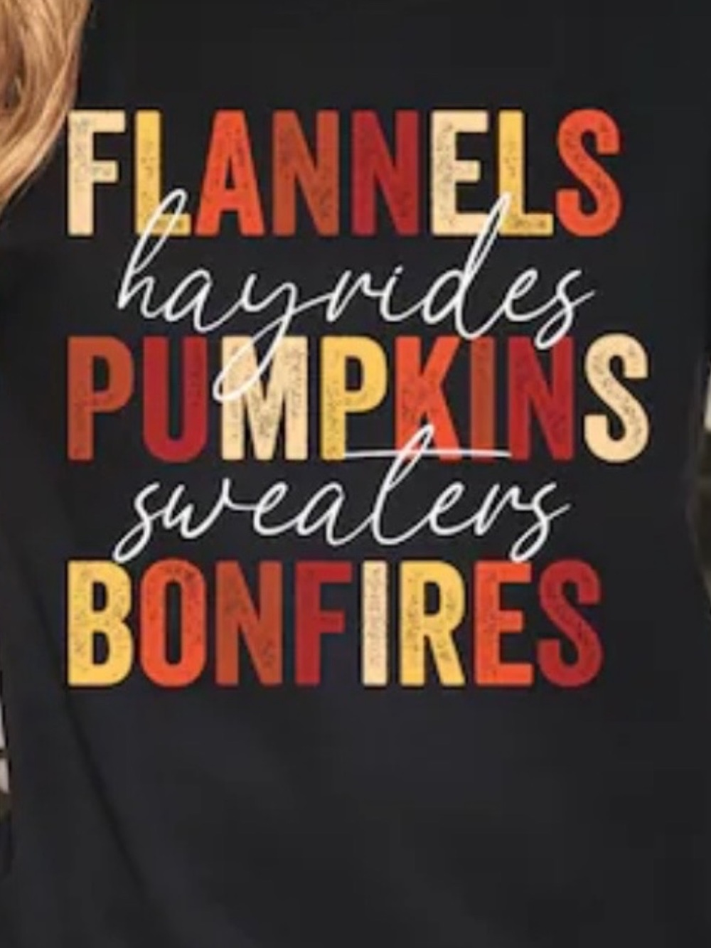 Fall women’s Black Fall Graphic Sweatershirt Flannels Hayrides Pumpkins Bonfire